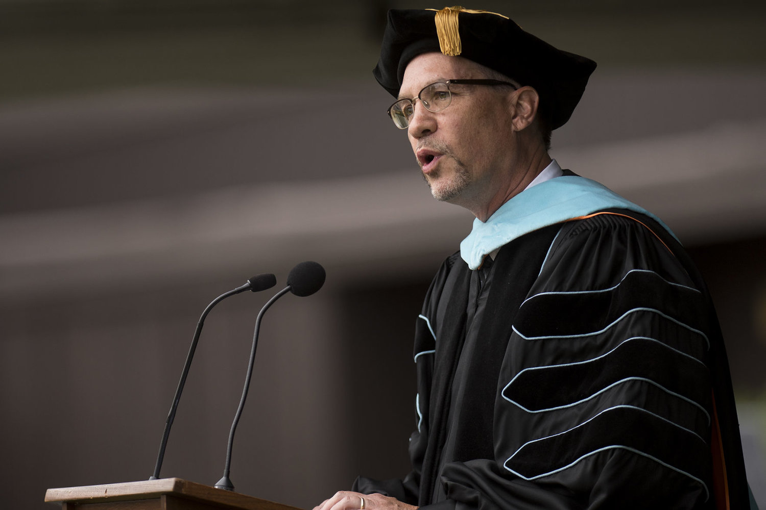 Centralia College President Dr. Robert Mohrbacher speaks during the 2017 Commencement Ceremony.